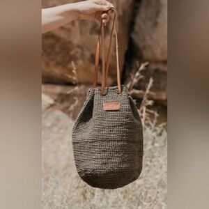 Handwoven Olive Green Crossbody Tote with Brown Leather Straps